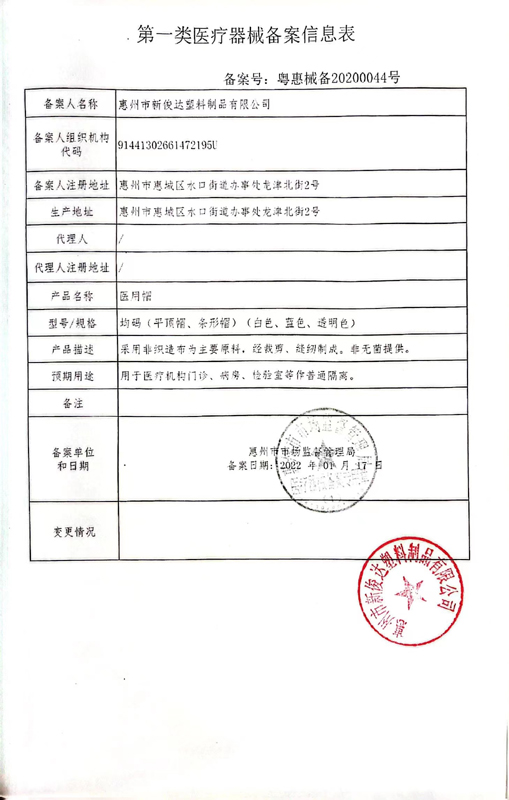 医用帽备案信息表