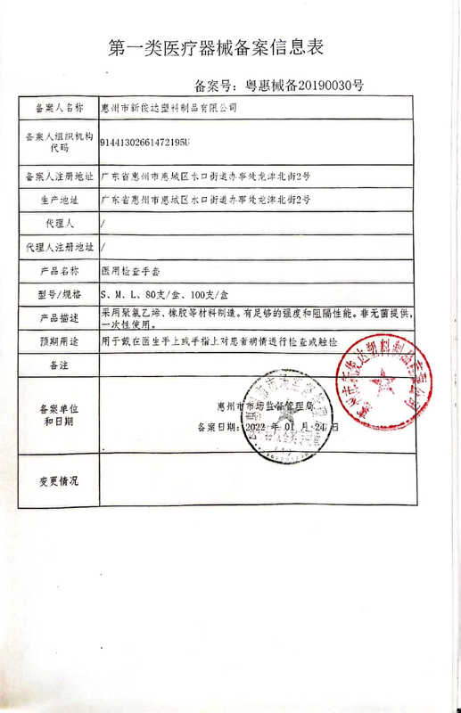 医用检查手套备案信息表