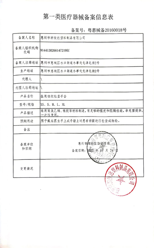医用橡胶检查手套备案表