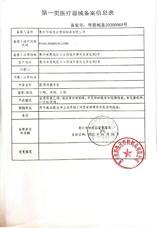 医用薄膜手套备案信息表