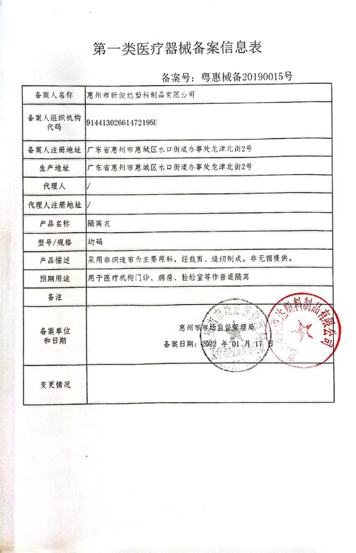 隔离衣备案信息表