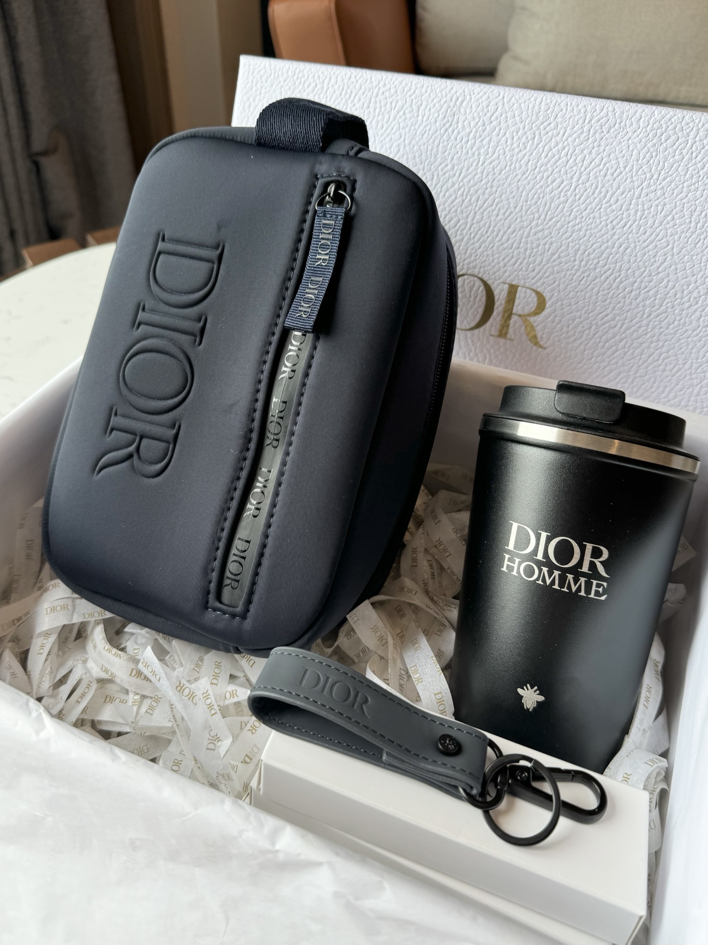 dior Blue set with makeup bag, bottle, chain