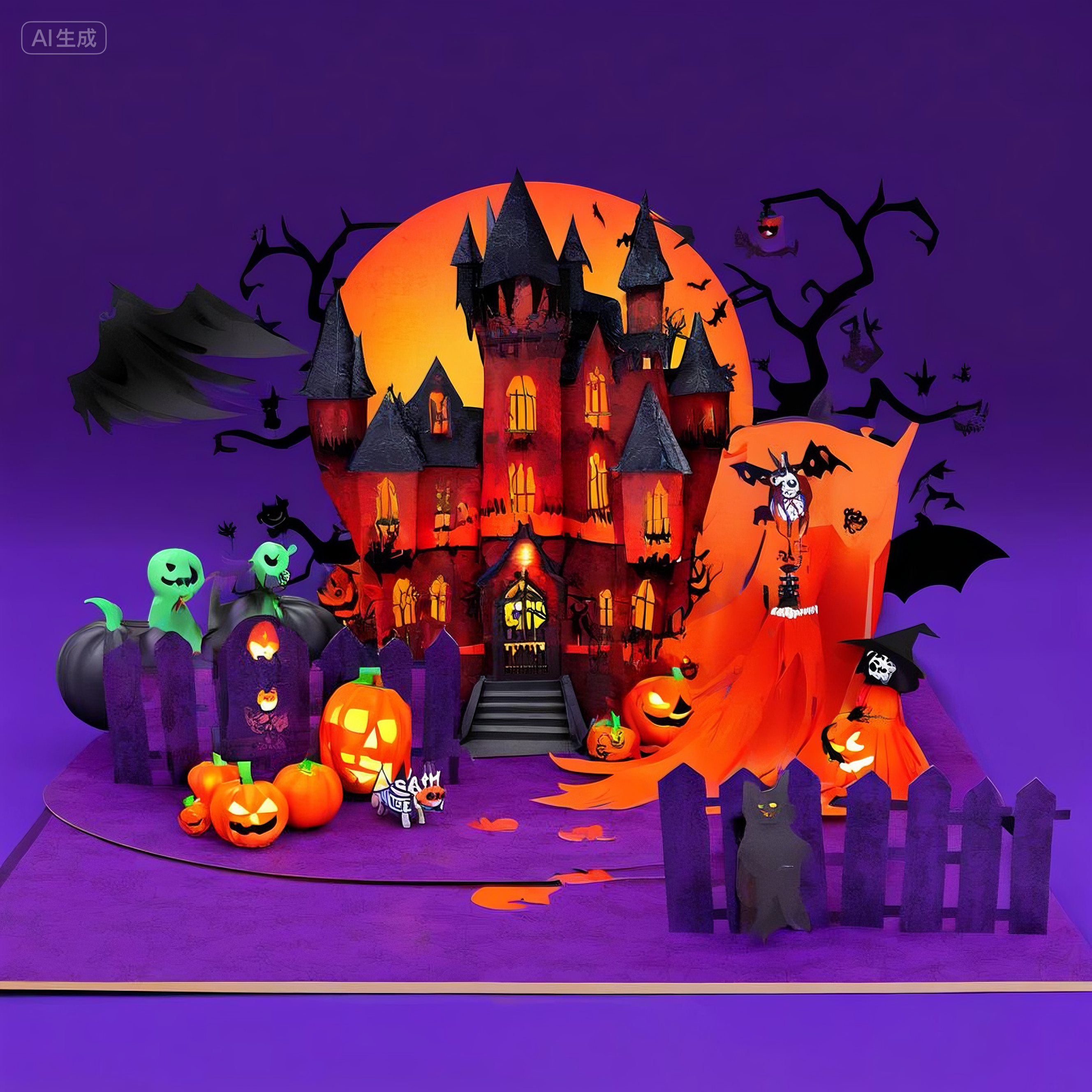 interactive spooky haunted dark house black bat flying witch ghost pumpkin pop up 3d paper halloween greeting card