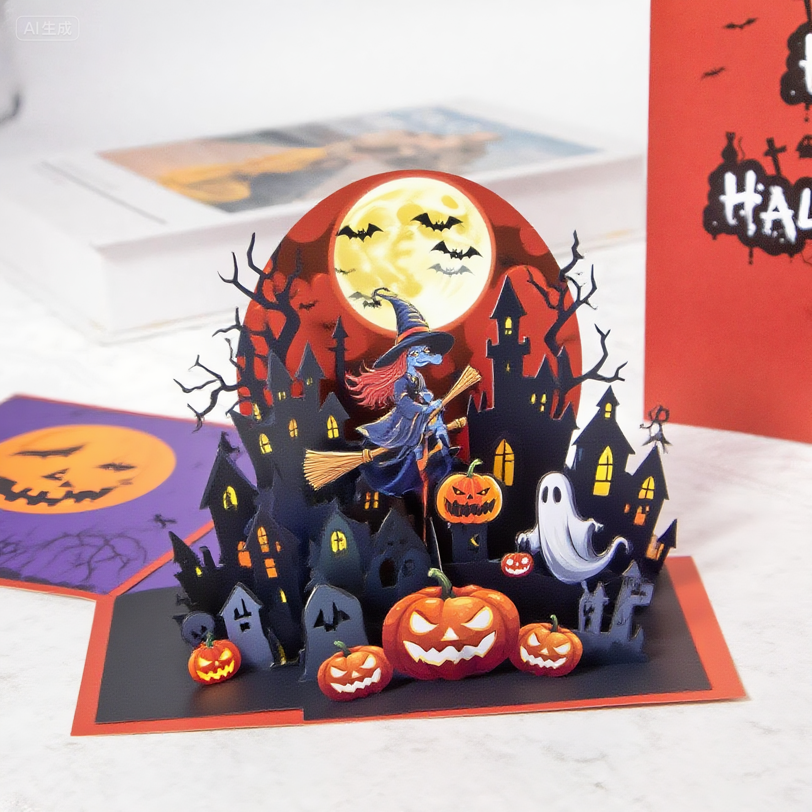interactive spooky haunted dark house black bat flying witch ghost pumpkin pop up 3d paper halloween greeting card