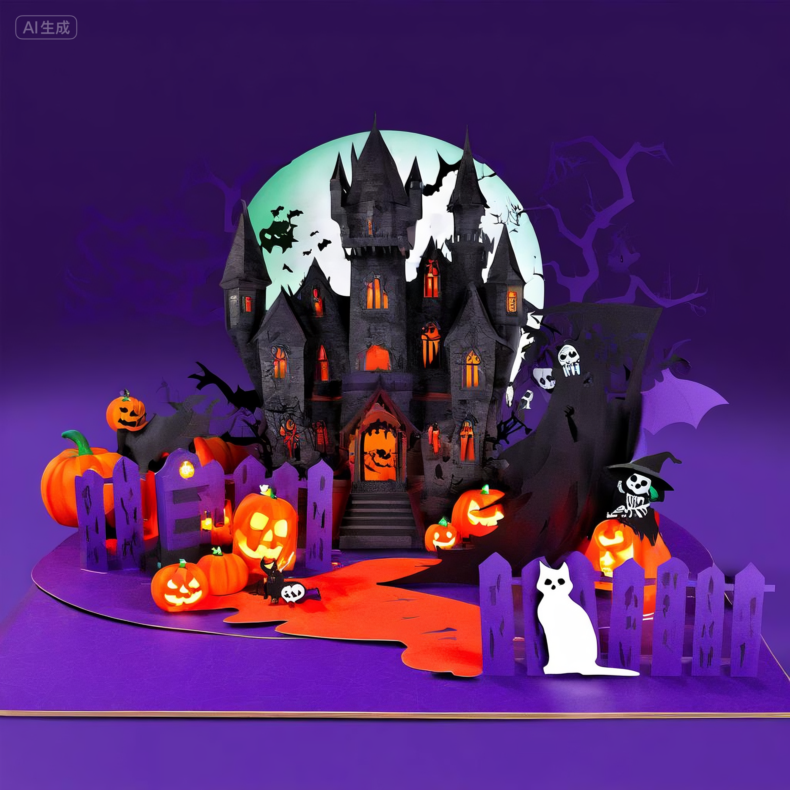 interactive spooky haunted dark house black bat flying witch ghost pumpkin pop up 3d paper halloween greeting card