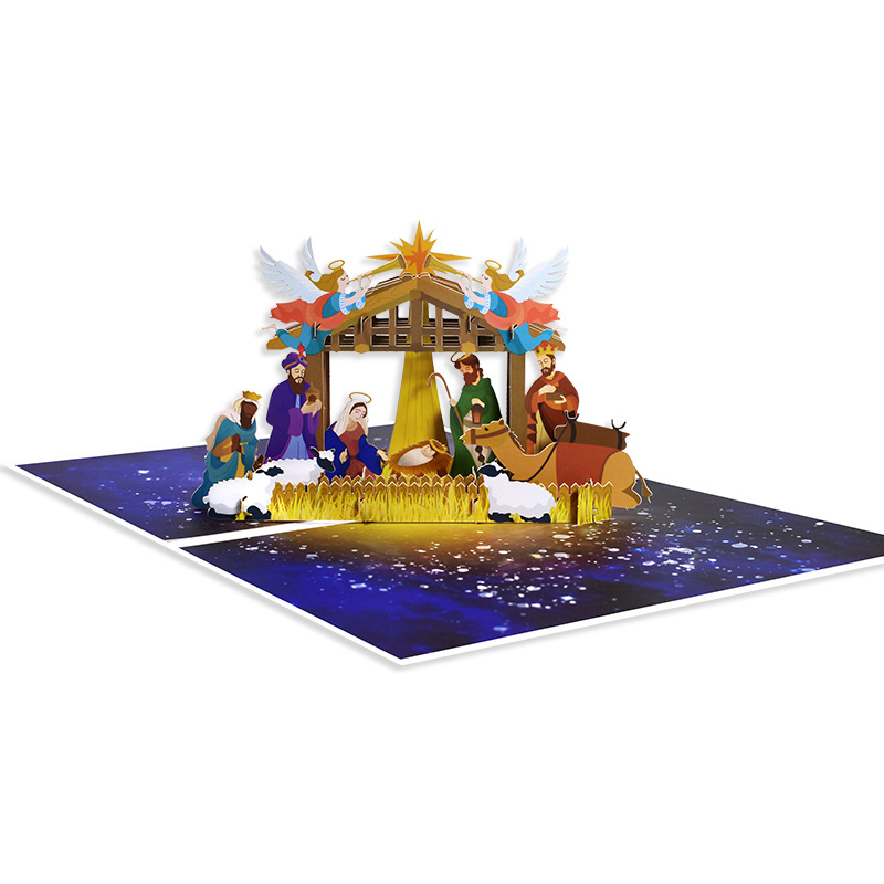 Interactive Magical starry sky Nativity Scene Snowman Christmas Tree Jesus Santa Claus Religious Pop Up 3d Paper Christmas Greeting Card