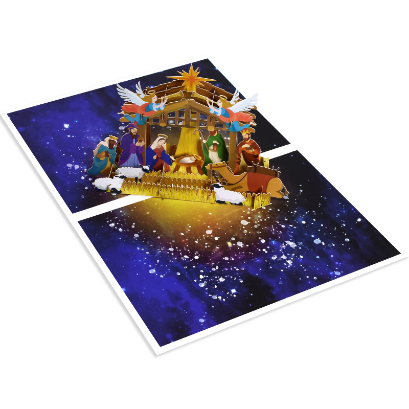 Interactive Magical starry sky Nativity Scene Snowman Christmas Tree Jesus Santa Claus Religious Pop Up 3d Paper Christmas Greeting Card