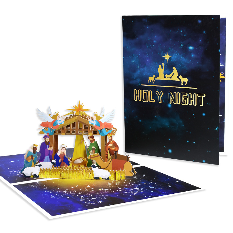 Interactive Magical starry sky Nativity Scene Snowman Christmas Tree Jesus Santa Claus Religious Pop Up 3d Paper Christmas Greeting Card