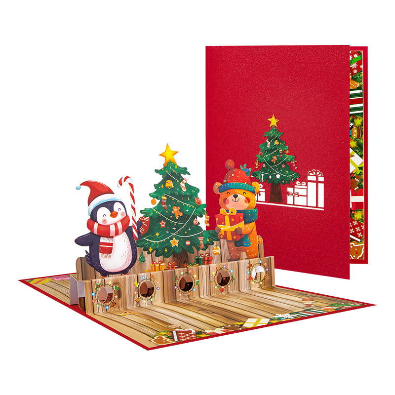 Interactive Magical snowman cute penguin Christmas Tree Jesus Santa Claus Religious Pop Up 3d Paper Christmas Greeting Card