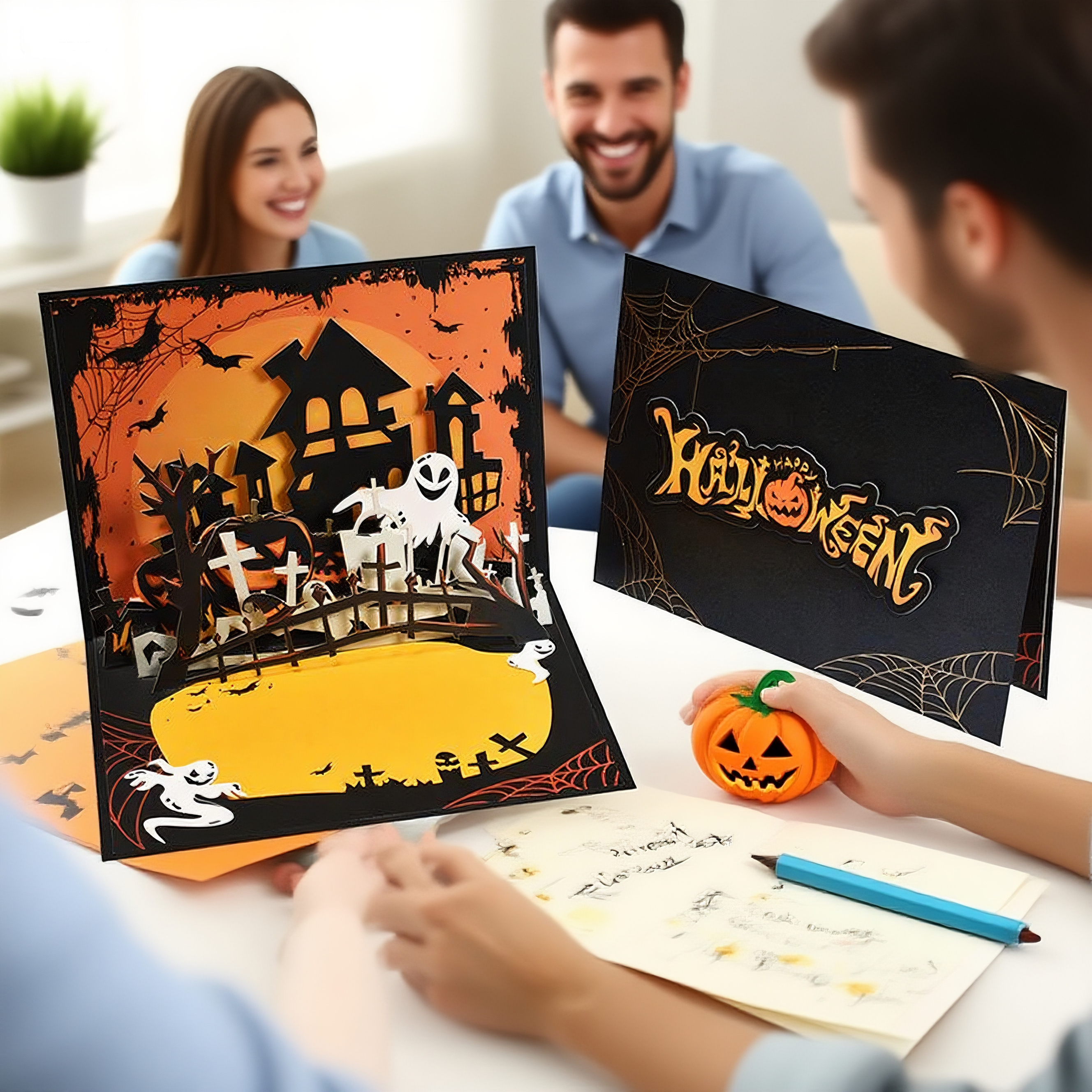 interactive spooky haunted house cross witch ghost pumpkin pop up 3d paper halloween greeting card