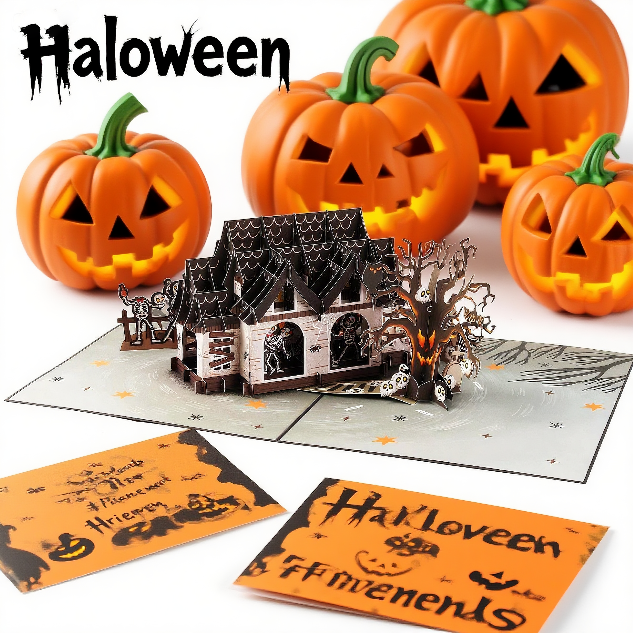 interactive spooky haunted house witch ghost Black Bat pumpkin pop up 3d paper halloween greeting card