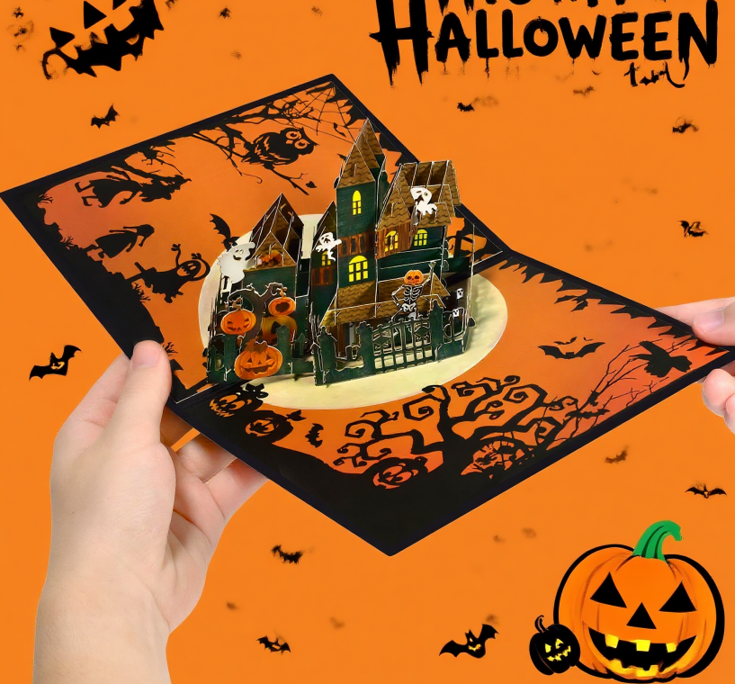 interactive spooky Grim haunted house witch ghost pumpkin pop up 3d paper halloween greeting card