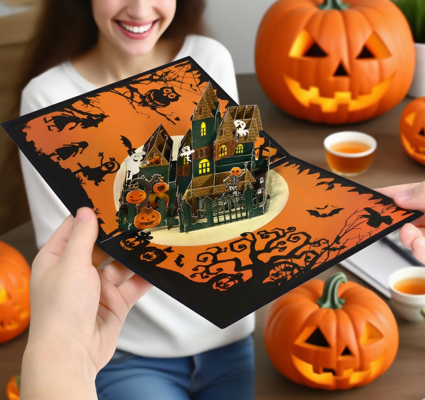 interactive spooky Grim haunted house witch ghost pumpkin pop up 3d paper halloween greeting card