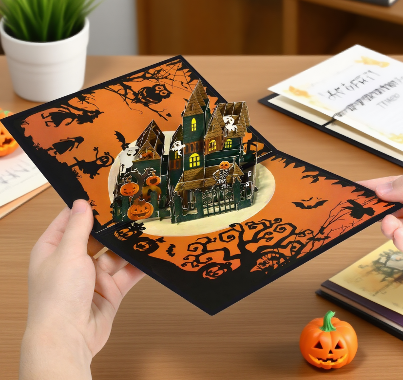 interactive spooky Grim haunted house witch ghost pumpkin pop up 3d paper halloween greeting card