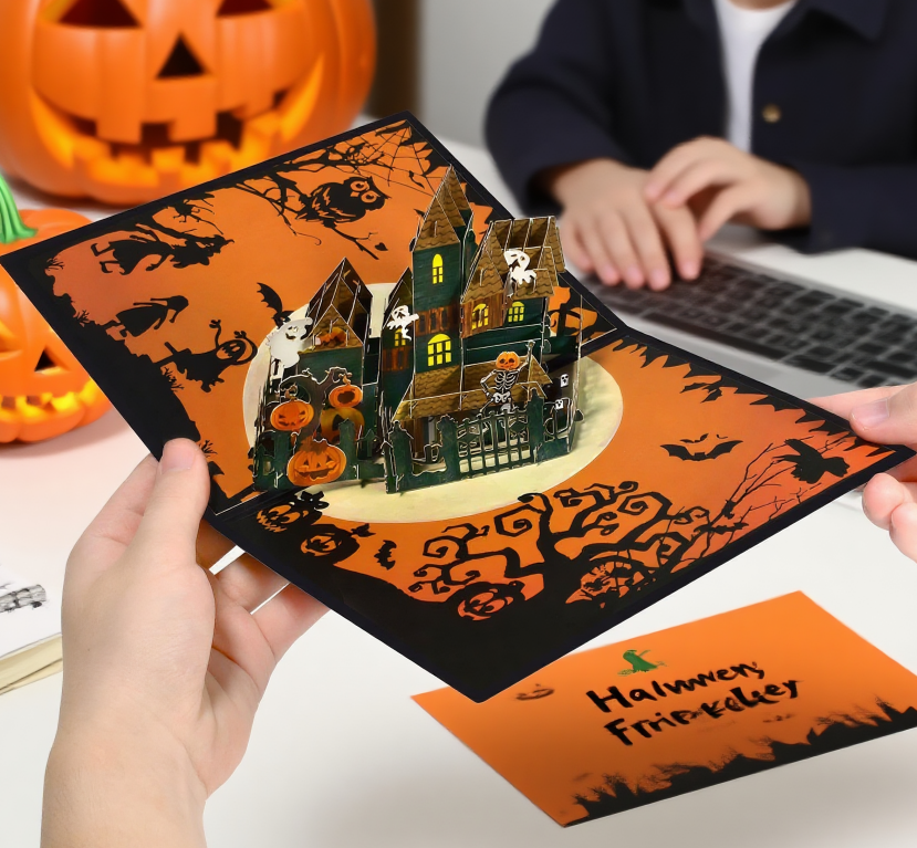 interactive spooky Grim haunted house witch ghost pumpkin pop up 3d paper halloween greeting card