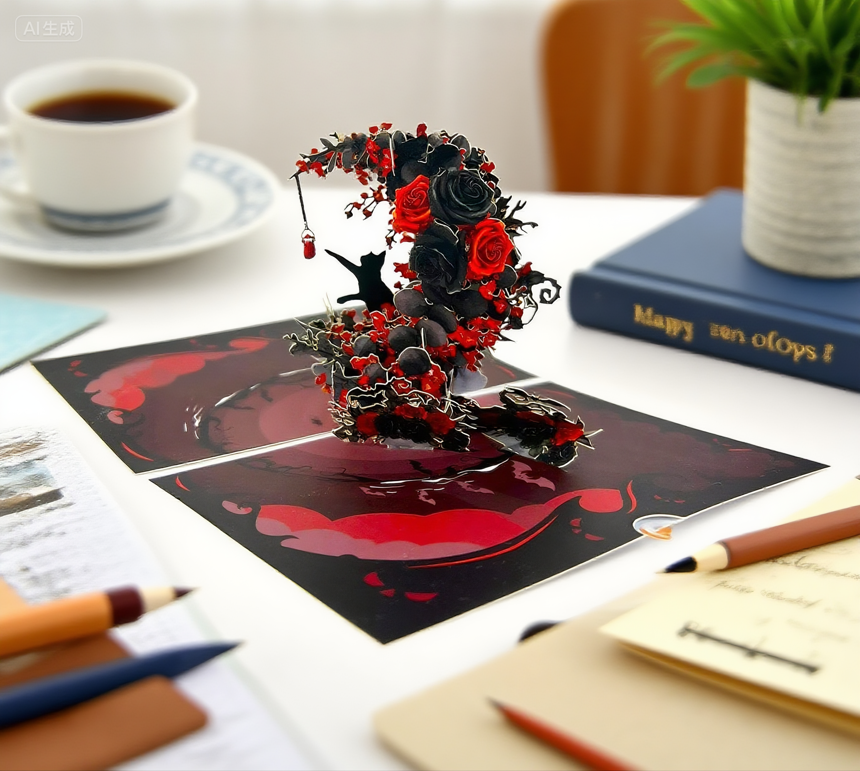 interactive spooky haunted house red flower witch ghost pumpkin pop up 3d paper halloween greeting card