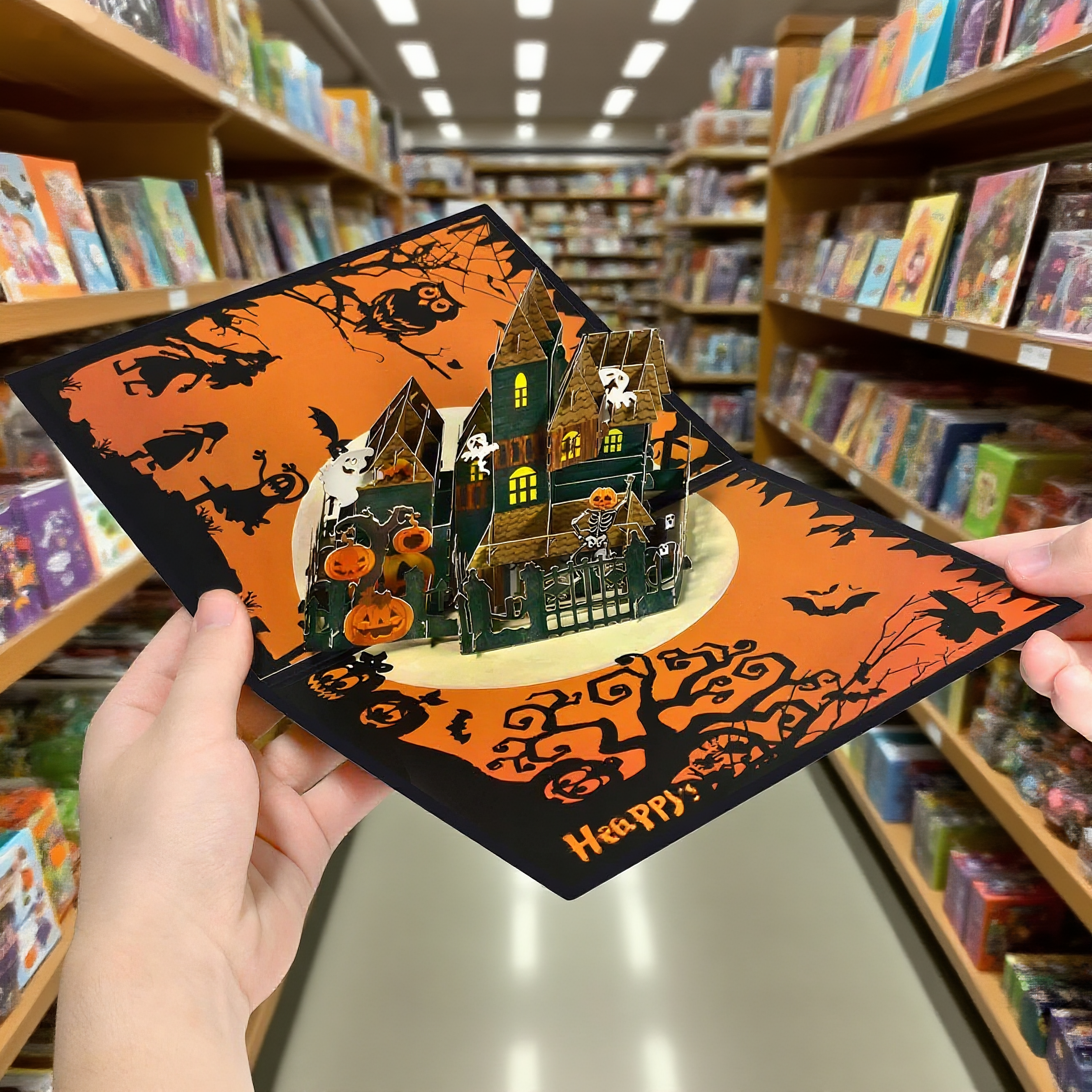 Interactive Spooky Haunted wooden House witch Ghosts and Pumpkins pop up 3d halloween greeting card