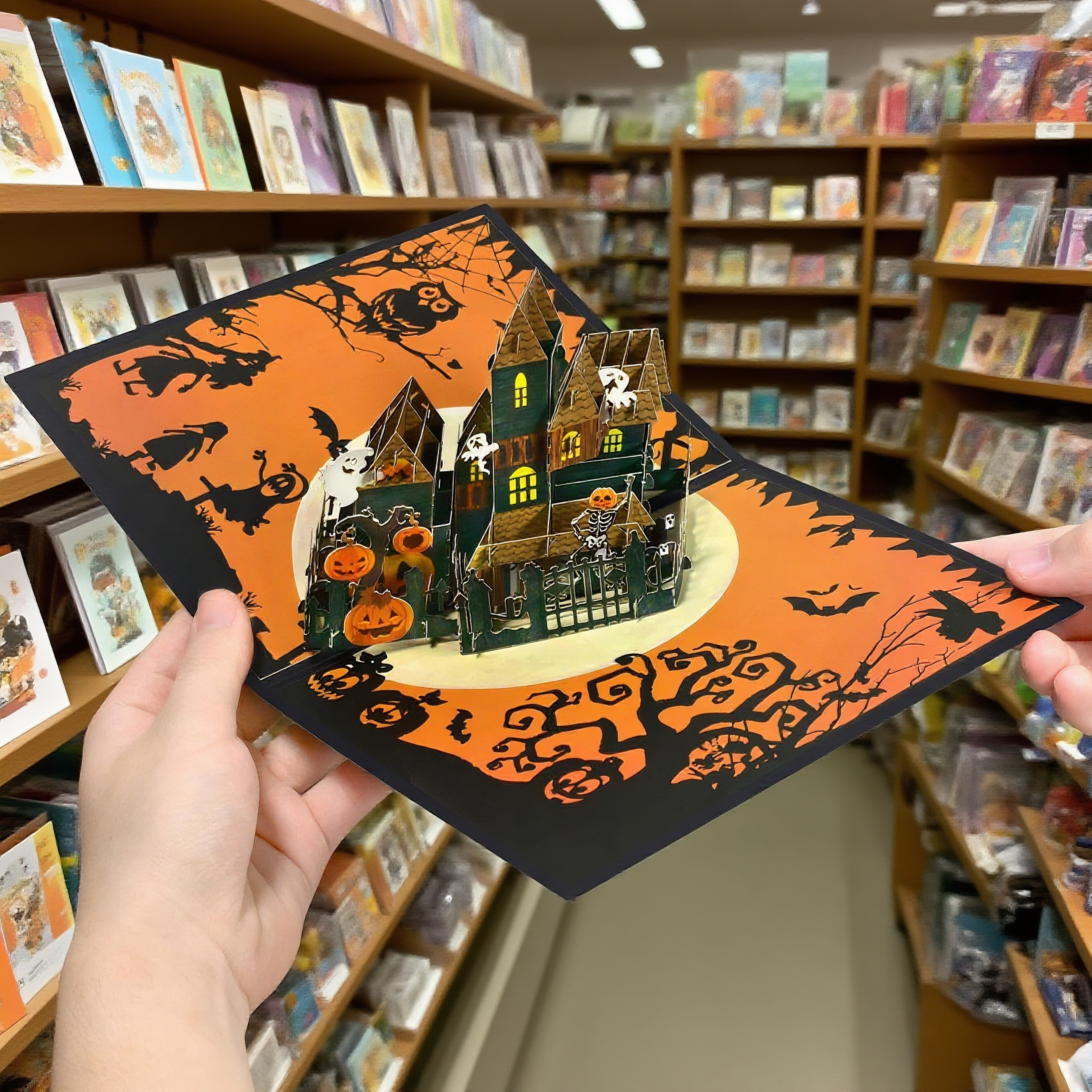 Interactive Spooky Haunted wooden House witch Ghosts and Pumpkins pop up 3d halloween greeting card
