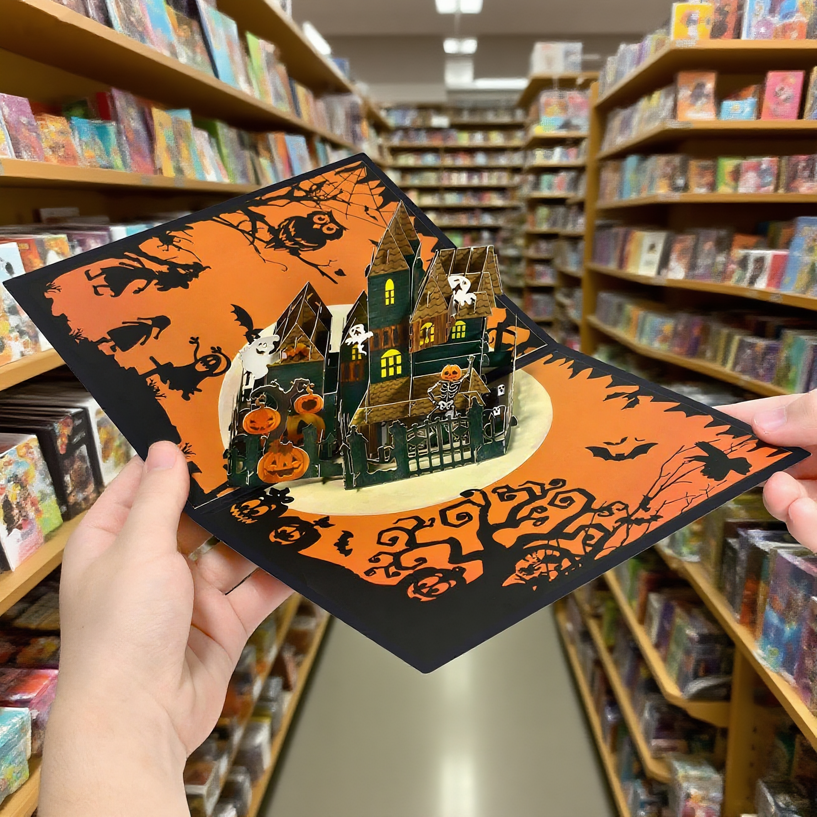 Interactive Spooky Haunted wooden House witch Ghosts and Pumpkins pop up 3d halloween greeting card