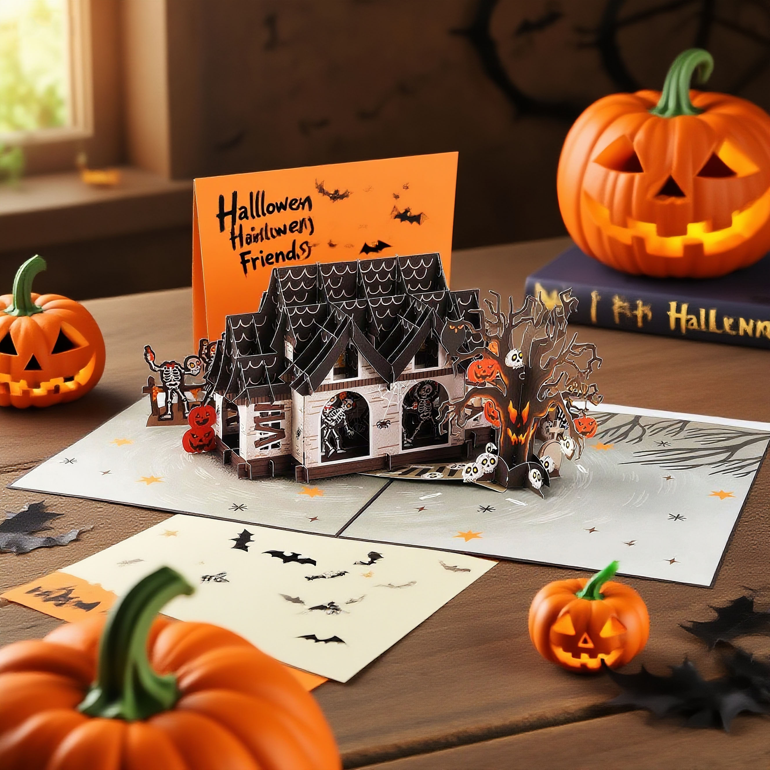interactive spooky haunted Ghoulish house witch ghost pumpkin pop up 3d paper halloween greeting card