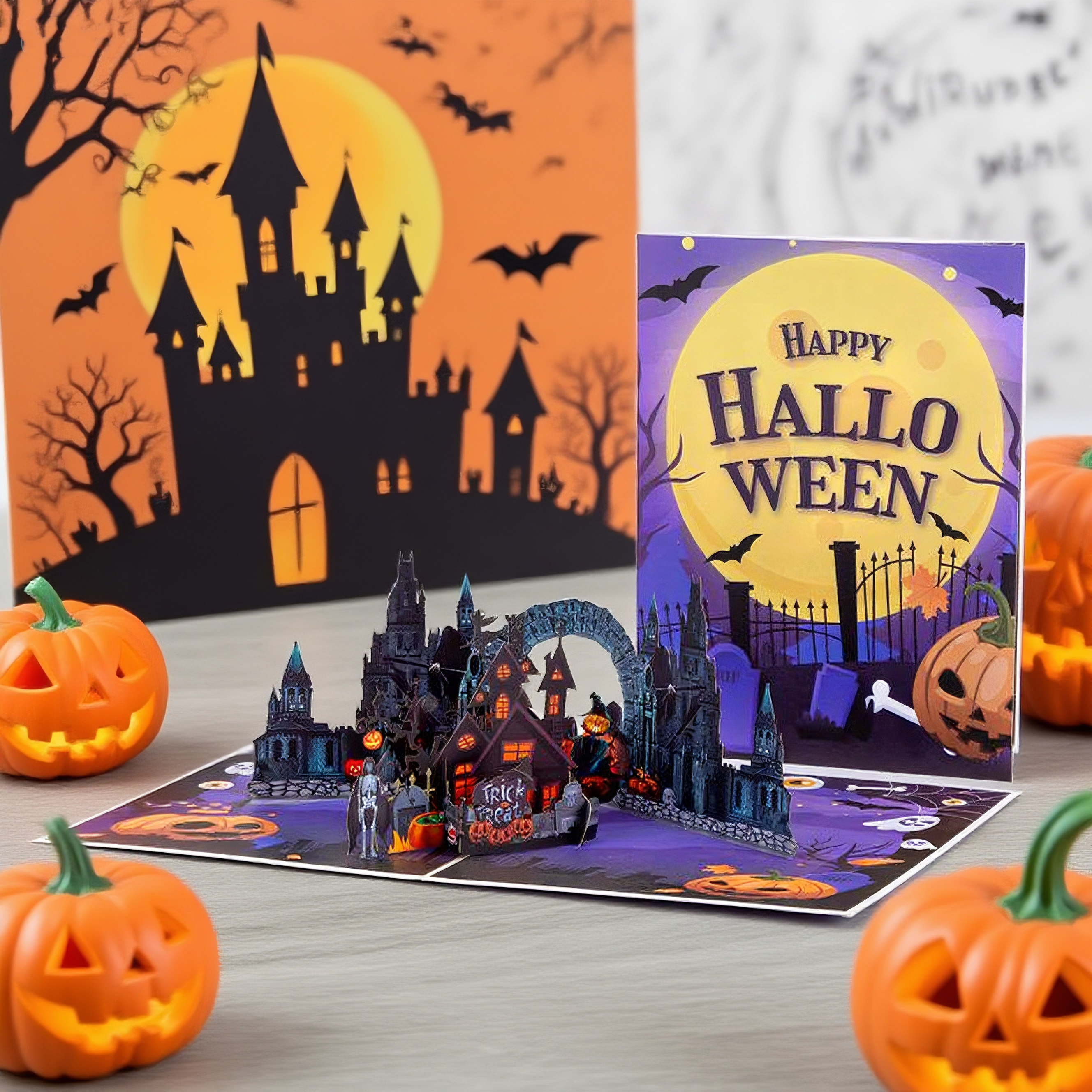 interactive spooky gloomy haunted house witch ghost pumpkin pop up 3d paper halloween greeting card