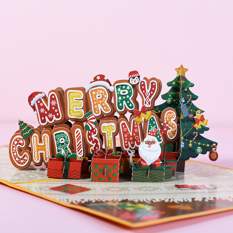 3D Pop-Up Gingerbread Lettering Christmas Card with Santa & Gifts – Festive Holiday Greeting Card
