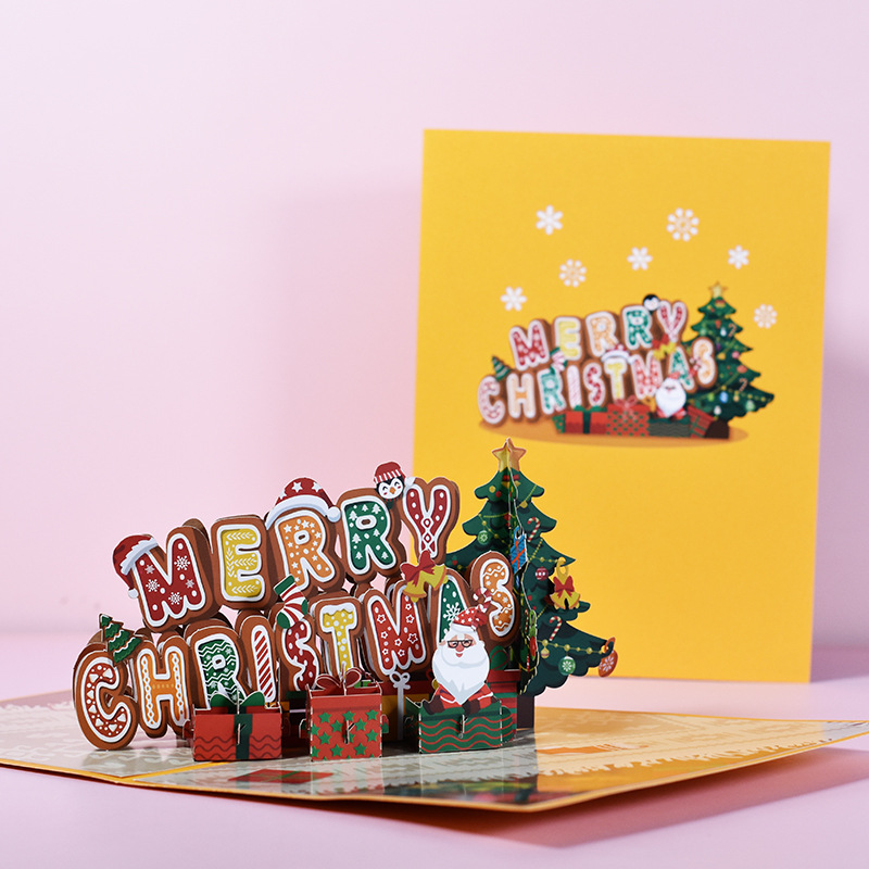 3D Pop-Up Gingerbread Lettering Christmas Card with Santa & Gifts – Festive Holiday Greeting Card