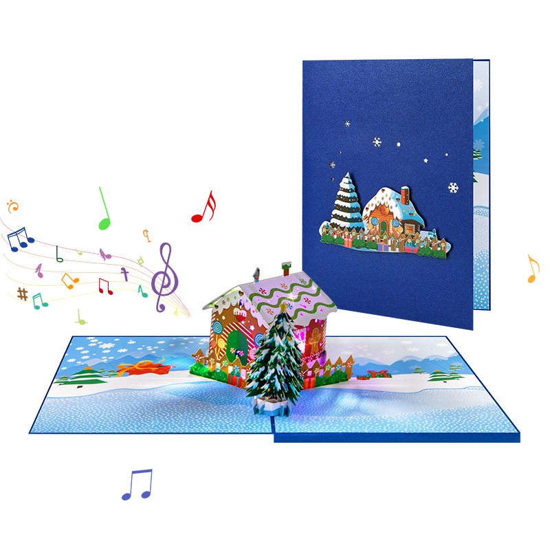 Interactive Pop-Up 3D Christmas Greeting Card with Musical Gingerbread House and Snow Scene