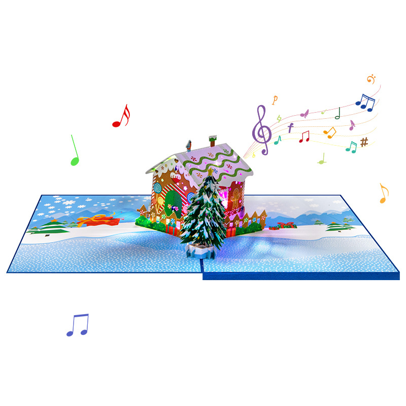 Interactive Pop-Up 3D Christmas Greeting Card with Musical Gingerbread House and Snow Scene