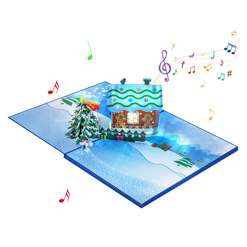 Interactive Pop-Up 3D Christmas Greeting Card with Musical Gingerbread House and Snow Scene