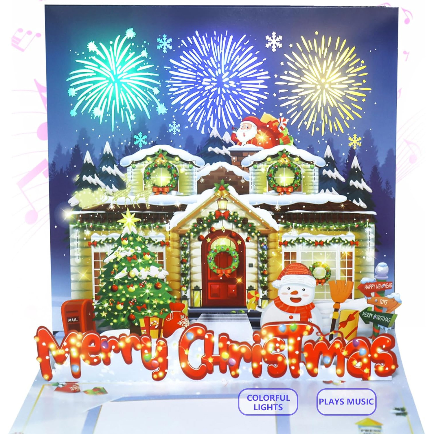 Interactive Magical Snowman Christmas Tree LED Fireworks Santa Claus Pop Up 3d Paper Christmas Greeting Card