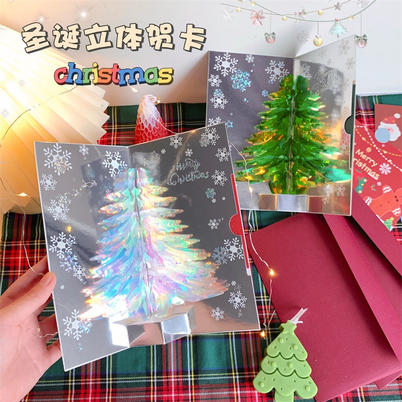 Interactive Magical Snowman Holographic Christmas Tree LED Lights Santa Claus Pop Up 3d Paper Christmas Greeting Card