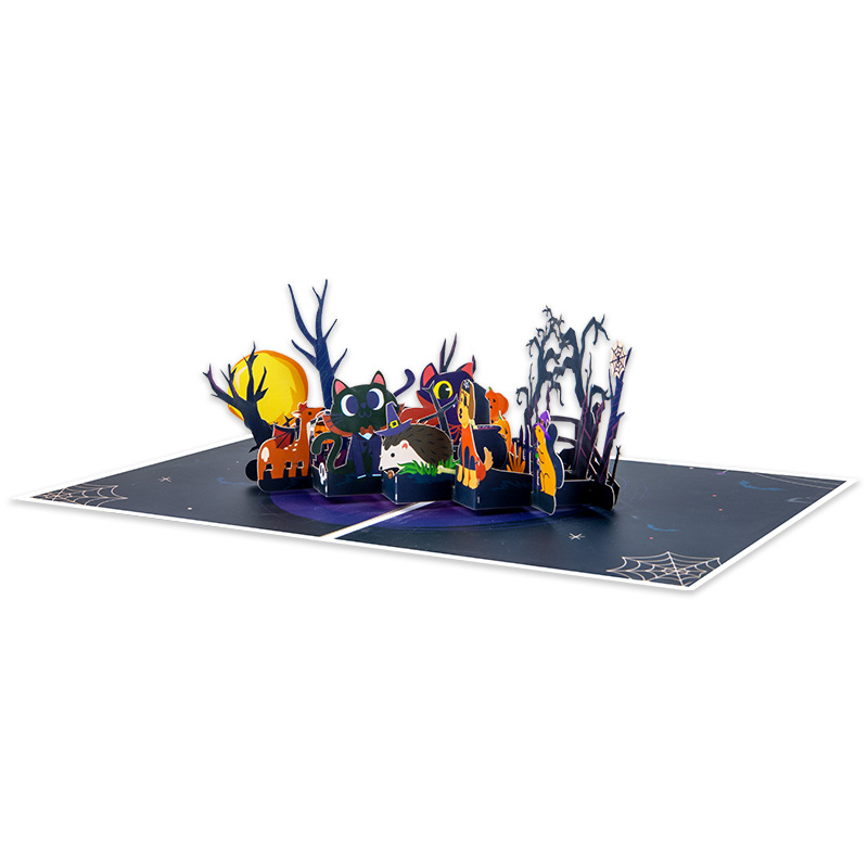 interactive terrifying spooky haunted with Black cat  house sinister witch ghost pumpkin pop up 3d paper halloween greeting card