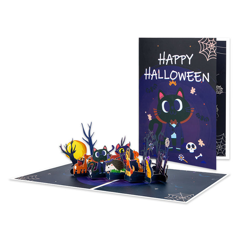 interactive terrifying spooky haunted with Black cat  house sinister witch ghost pumpkin pop up 3d paper halloween greeting card