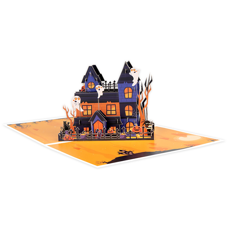 interactive spooky haunted house witch ghost pumpkin with orange retro Halloween pop up 3d paper halloween greeting card