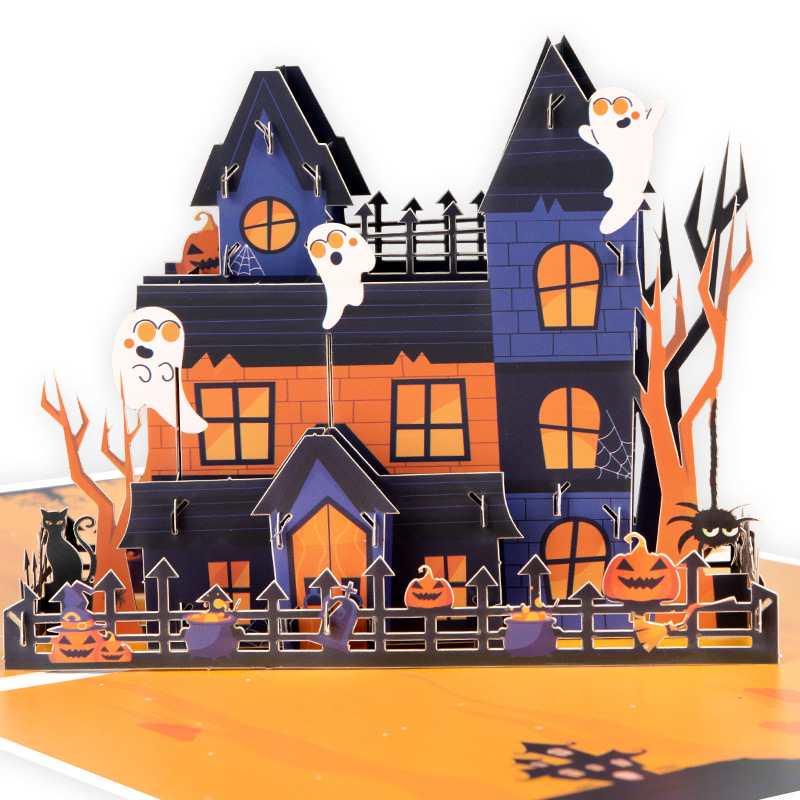 interactive spooky haunted house witch ghost pumpkin with orange retro Halloween pop up 3d paper halloween greeting card