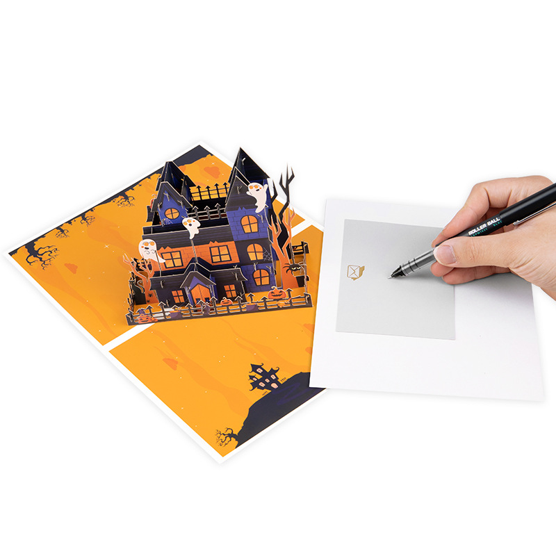 interactive spooky haunted house witch ghost pumpkin with orange retro Halloween pop up 3d paper halloween greeting card