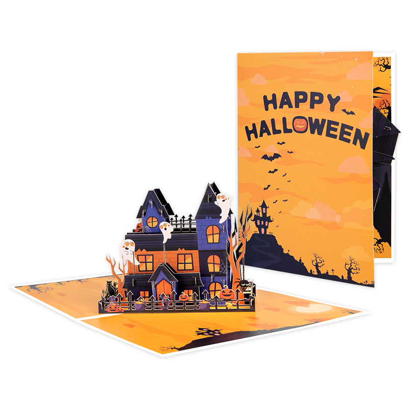 interactive spooky haunted house witch ghost pumpkin with orange retro Halloween pop up 3d paper halloween greeting card