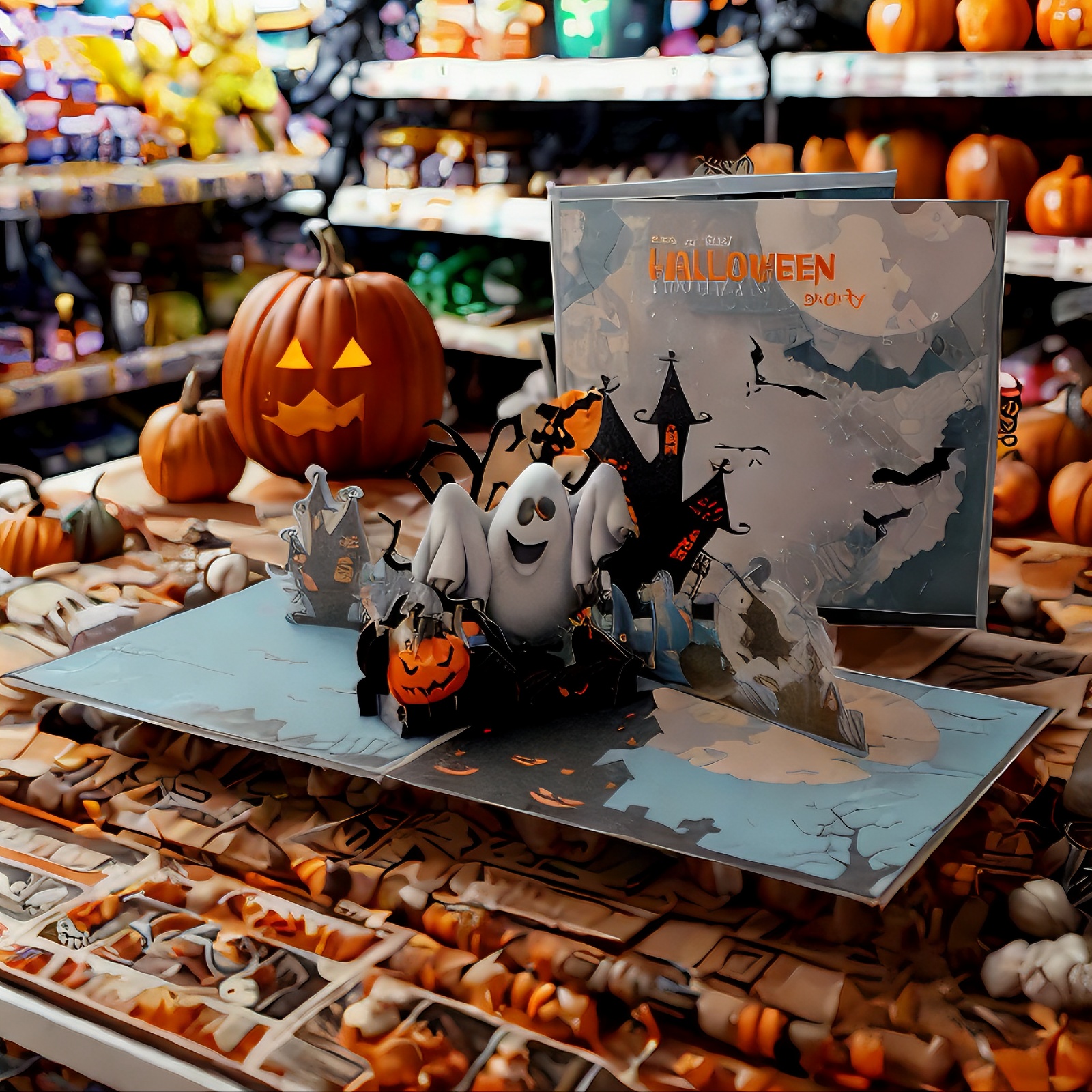 Interactive spooky Haunted House  Black Bat Happy Ghost Pumpkin pop up 3d paper halloween greeting card