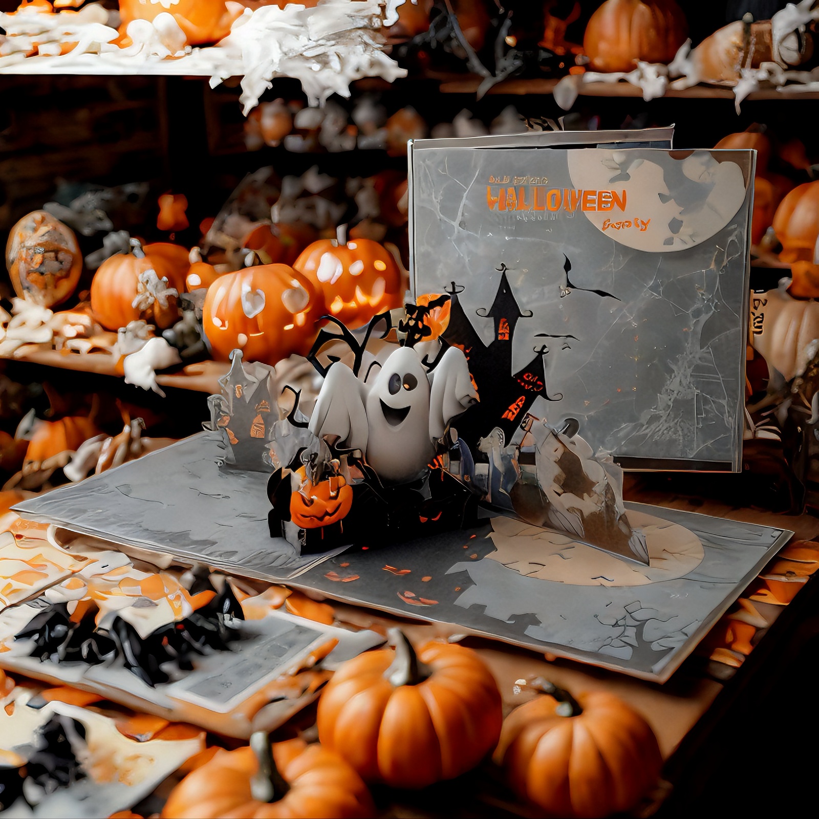 Interactive spooky Haunted House  Black Bat Happy Ghost Pumpkin pop up 3d paper halloween greeting card