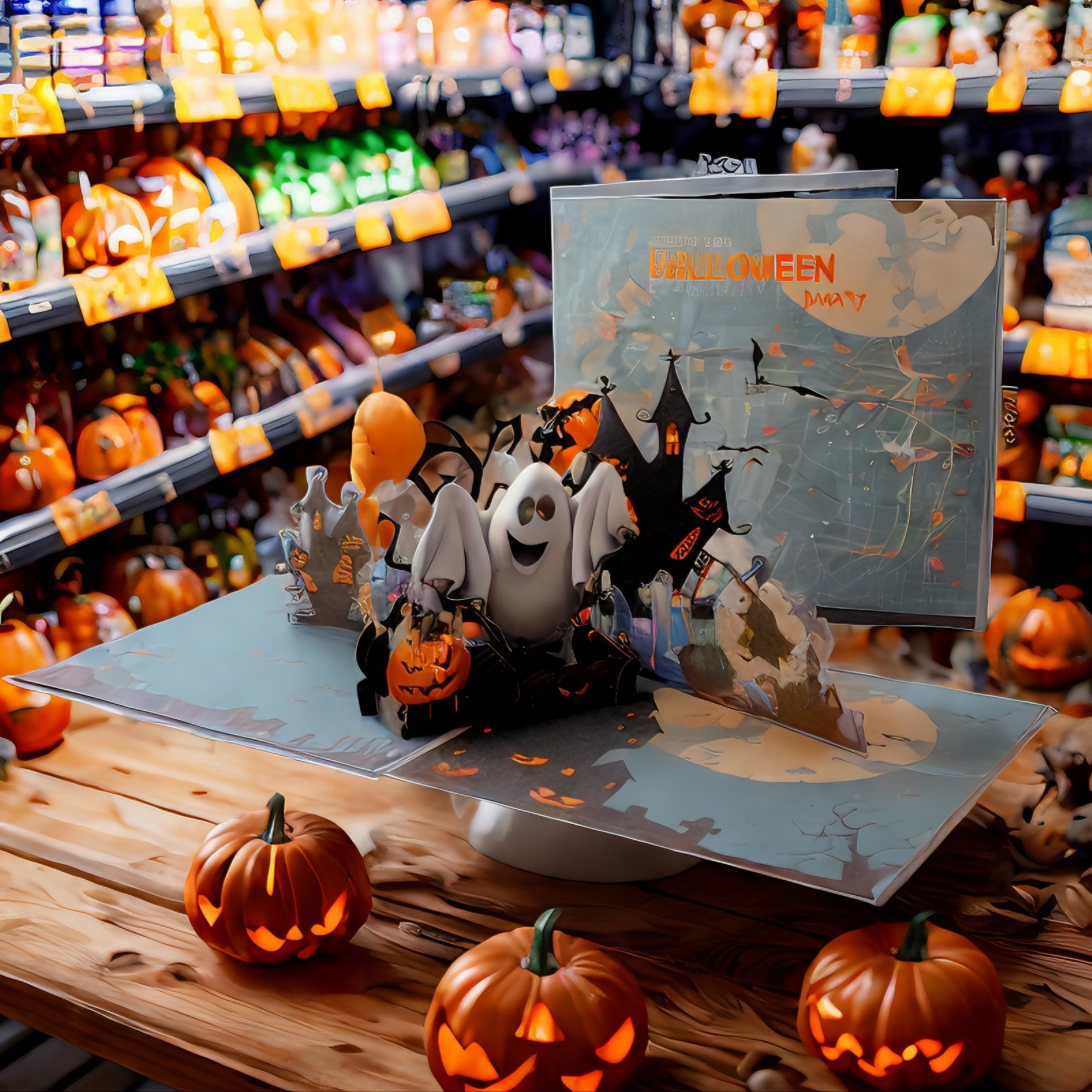 Interactive spooky Haunted House  Black Bat Happy Ghost Pumpkin pop up 3d paper halloween greeting card