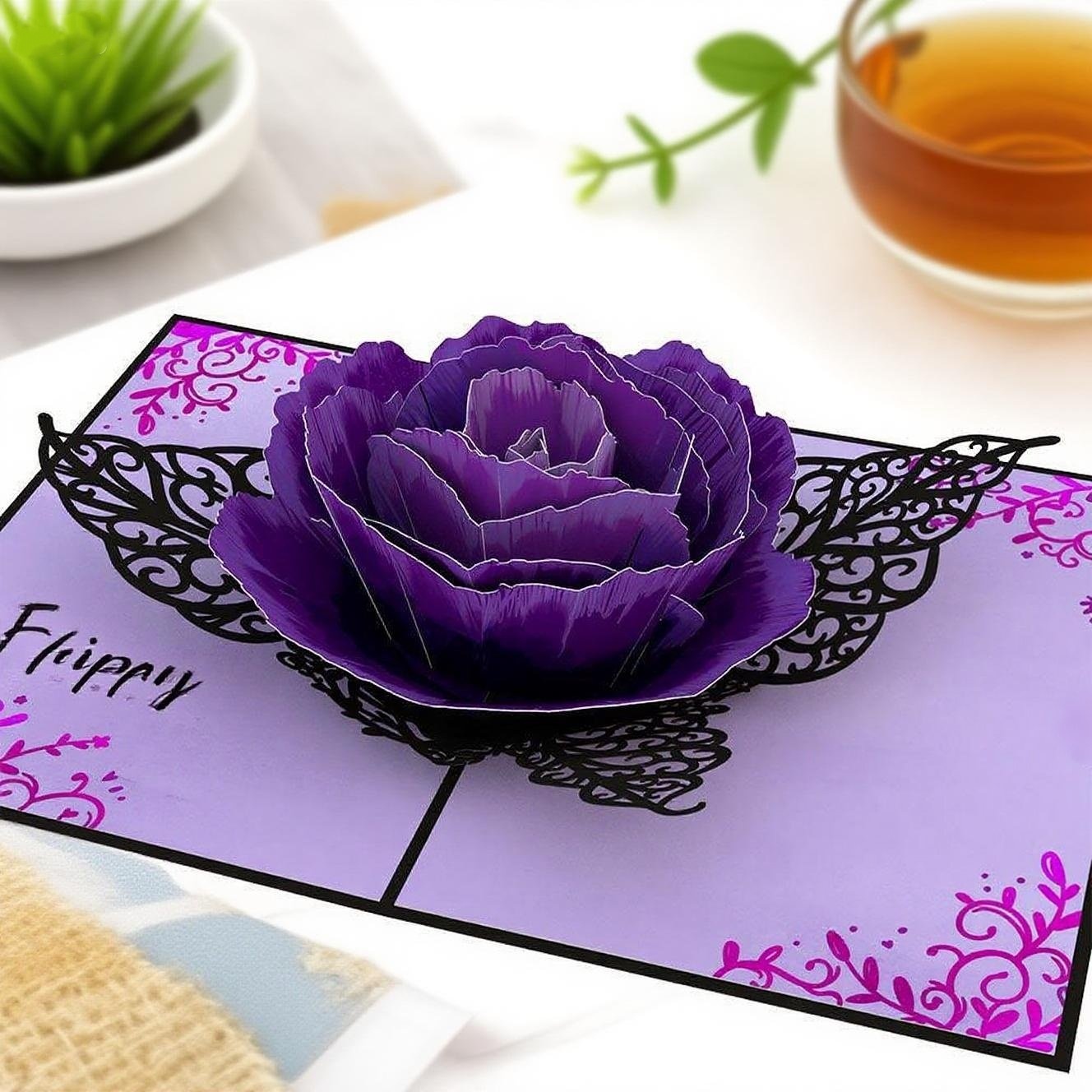 interactive spooky purple rose haunted house witch ghost Ornate purple rose bloom pop up 3d paper halloween greeting card
