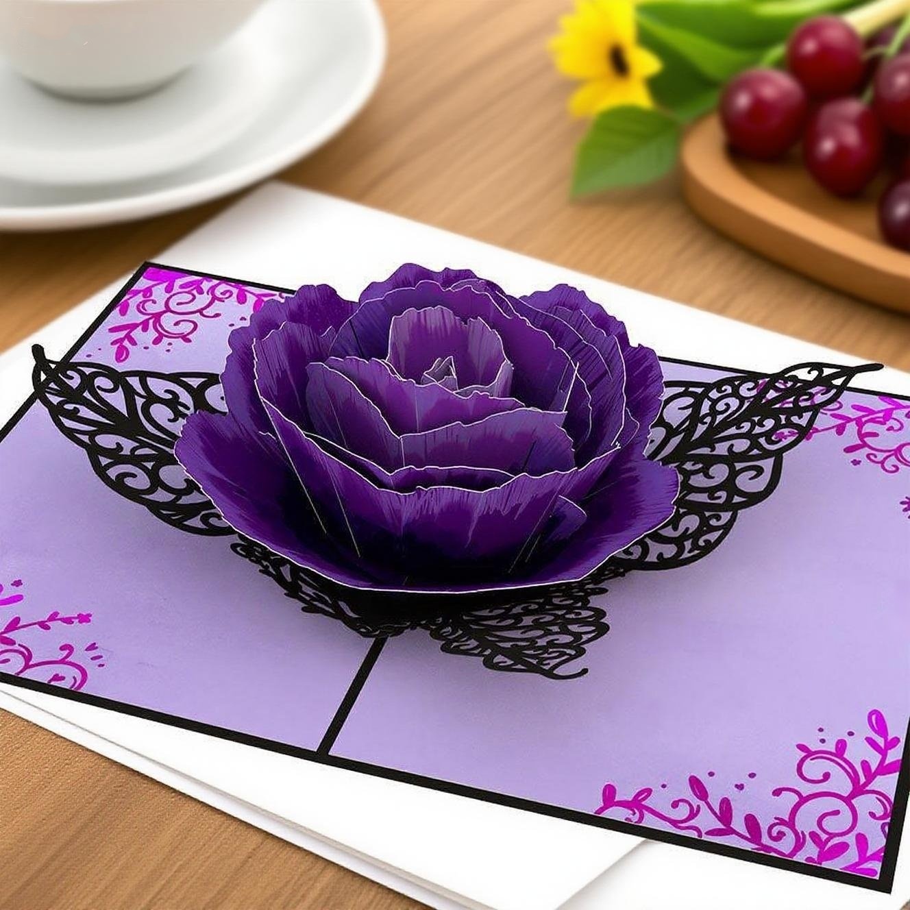 interactive spooky purple rose haunted house witch ghost Ornate purple rose bloom pop up 3d paper halloween greeting card