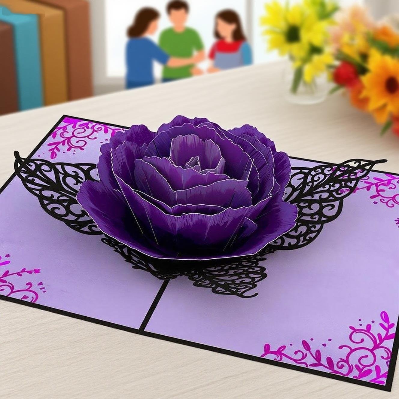 interactive spooky purple rose haunted house witch ghost Ornate purple rose bloom pop up 3d paper halloween greeting card