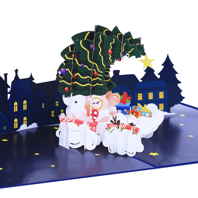 Interactive Magical blue star Snowman Christmas Tree Jesus Santa Claus Religious Pop Up 3d Paper Christmas Greeting Card