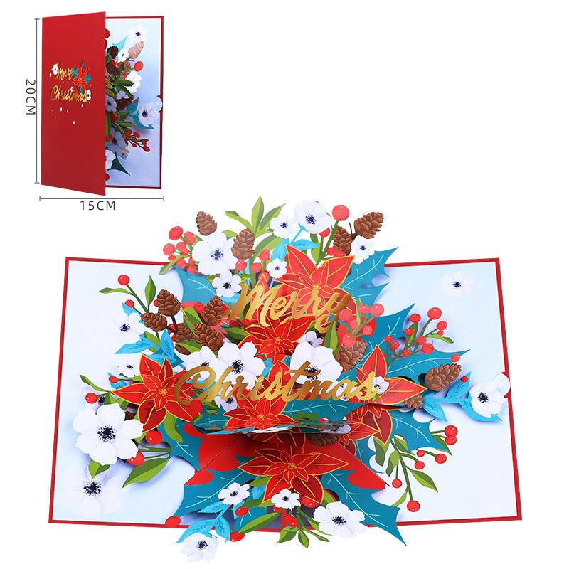 Interactive Magical Snowman Christmas Tree Jesus Santa Claus Religious Poinsettia & Pinecone Design Pop Up 3d Paper Christmas Greeting Card