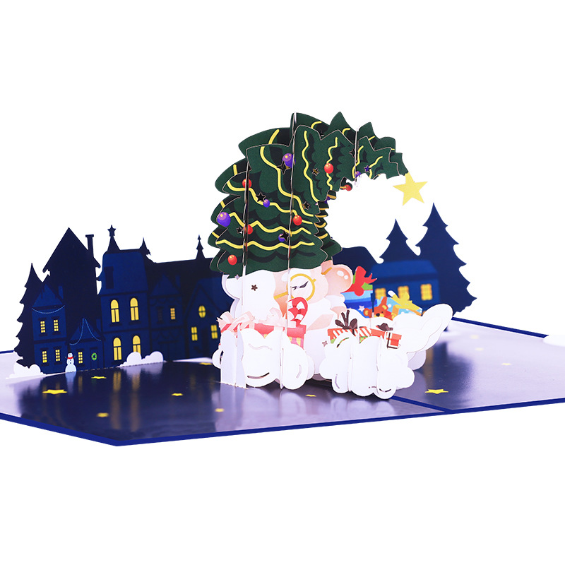 Interactive Magical blue star Snowman Christmas Tree Jesus Santa Claus Religious Pop Up 3d Paper Christmas Greeting Card