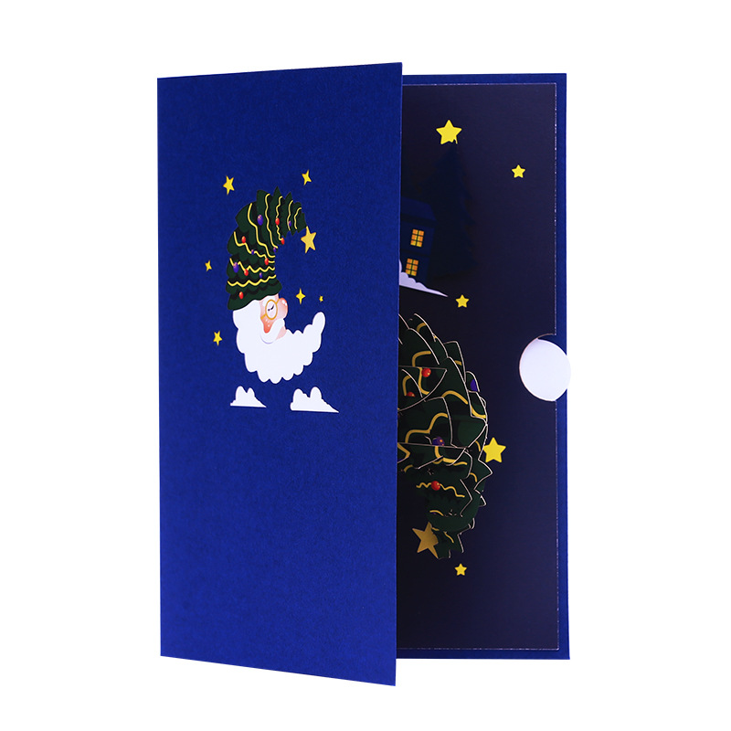 Interactive Magical blue star Snowman Christmas Tree Jesus Santa Claus Religious Pop Up 3d Paper Christmas Greeting Card