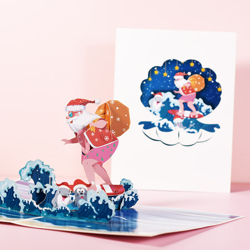 Interactive Magical beach lover Snowman Christmas Tree Jesus Surfing Santa Claus Religious Pop Up 3d Paper Christmas Greeting Card