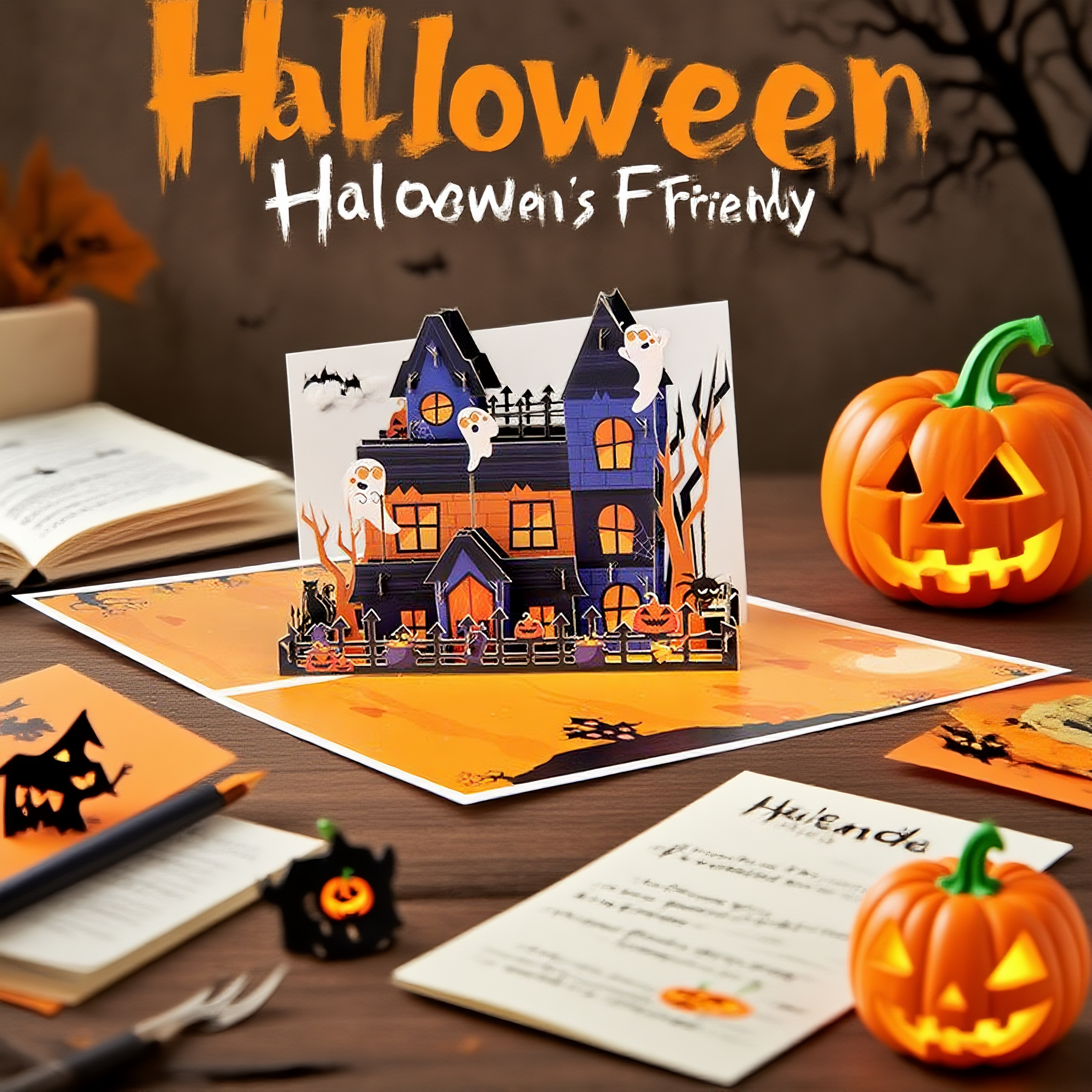 interactive spooky trick or treat haunted house witch ghost pumpkin pop up 3d paper halloween greeting card